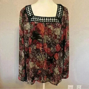American Glamour Badgley Mischka Black Floral Long Sleeve Blouse Size Large